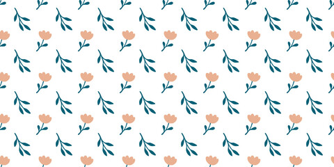 Transparent seamless pattern with pastel floral design, hand-drawn flowers and green leaves, ideal for textile, packaging, stickers, overlays and web design

