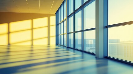 Modern interior of a spacious office with large windows showcasing cityscape and shadows