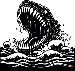 Majestic Leviathan Silhouette Emerging from Ocean Waves Mythical Sea Monster Vector Art