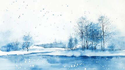 Abstract winter landscape on light blue watercolor spots with snowflakes