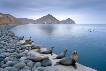 Fototapeta premium Sea lions resting on a clean, rock-filled coast