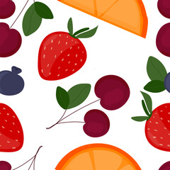 Endless seamless summer pattern. Fruits and berries on a light background. Fragment of blueberry, strawberry, cherry, orange. Vector illustration.