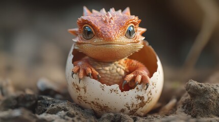 Fototapeta premium Baby dragon hatching from a cracked egg, close-up, curious eyes, detailed scale
