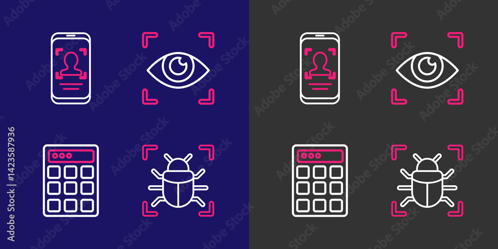 Poster set line system bug, password protection, eye scan and mobile and face recognition icon. vector