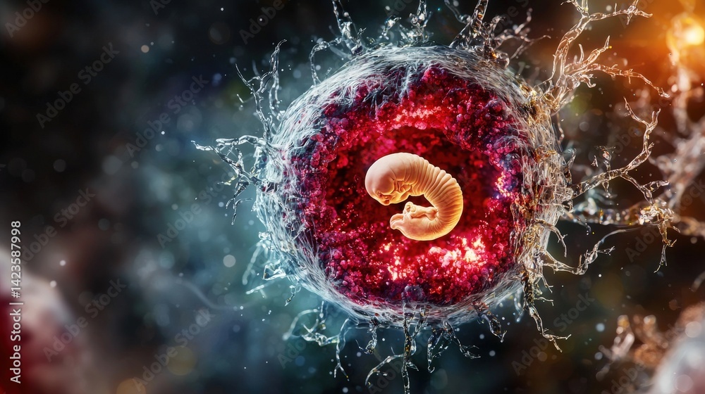 Poster embryo development in stem cells laboratory scientific visualization microscopic environment close-u