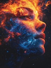 Surreal portrait of a woman's face merging with a colorful nebula in a mystical cosmic background