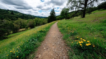 Fototapeta premium Scenic Path Through Lush Green Landscape With Clouds Above and Vibrant Wildflowers Along the Trail