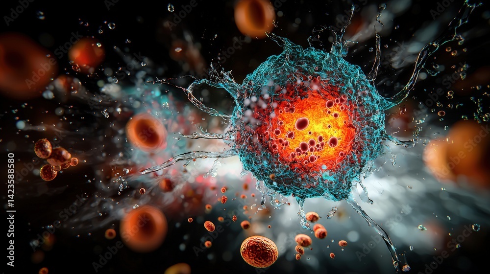 Poster dynamic cancer cell activity visualization laboratory scientific imagery microscopic environment abs