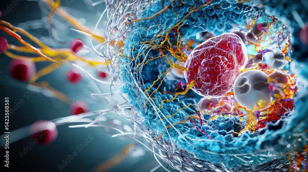 Poster Cellular dynamics microscopic view into living organisms science 3d visualization laboratory intricate structure