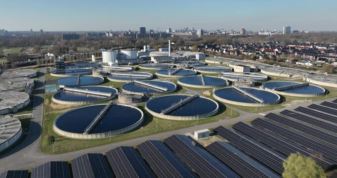 Waste water purification installation, basins for cleaning of contaminated water. Production of drinking water.