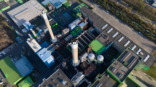 Waste incineration facility, industrial plant to turn waste into energy. Aerial view.