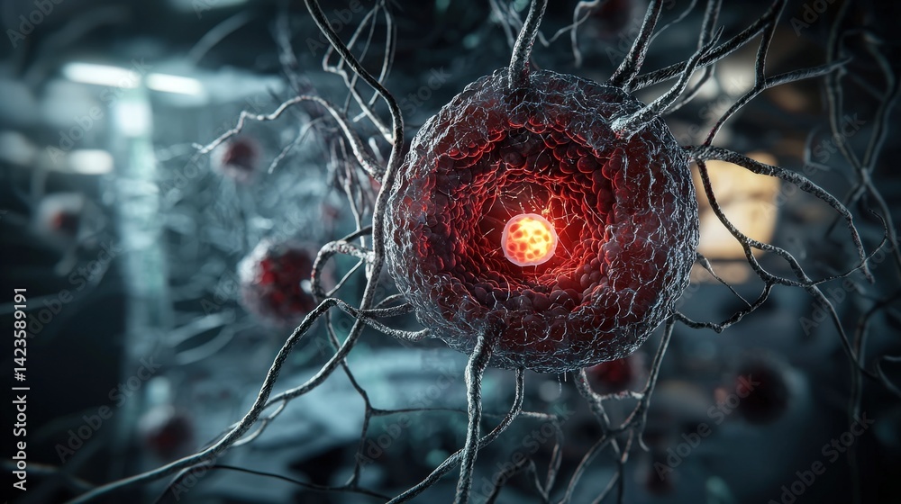Poster dynamic cellular activity showcase laboratory digital art scientific environment close-up biotech in