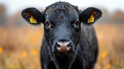 Close-up portrait of a black cow in a field.