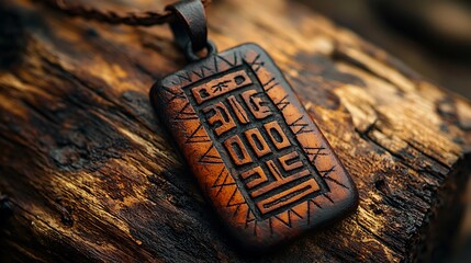 Handmade tribal leather pendant with engraved symbols high resolution picture