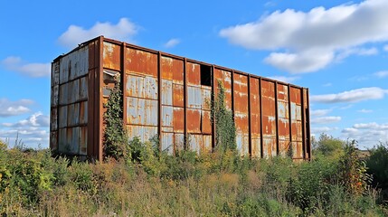 Old Rusted Metal Warehouse in Overgrown Field Against a Blue Sky
