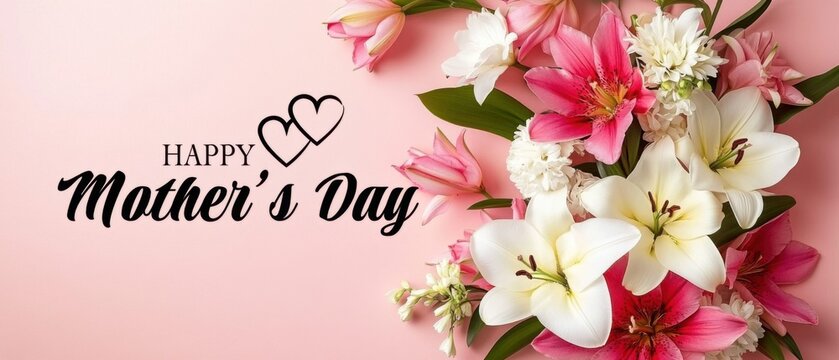 Elegant Happy Mothers Day floral arrangement with pink lilies and tulips on a pastel pink background, celebrating motherhood and love