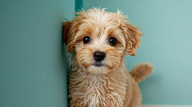 Adorable puppy peeking playfully around the door in light blue room