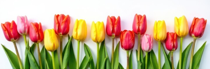 Obraz premium Cheerful tulip arrangement, various shades, clean white setting, white, arrangement, tulip