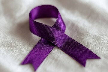 Purple ribbon on white fabric