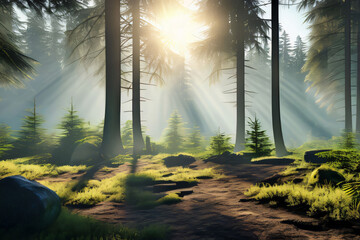 Wald im Sonnenschein mit Nebel als Natur Hintergrund