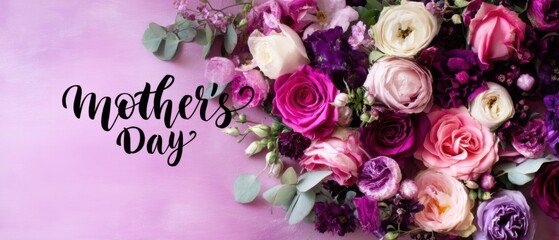 Elegant Mothers Day floral arrangement with roses and eucalyptus on a pink background, perfect for greeting cards and springtime celebrations