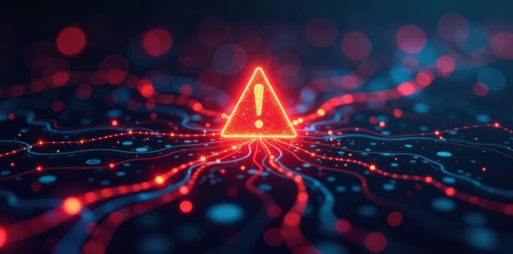 Abstract network with warning sign, digital chaos , system overload, hardware failure, information technology