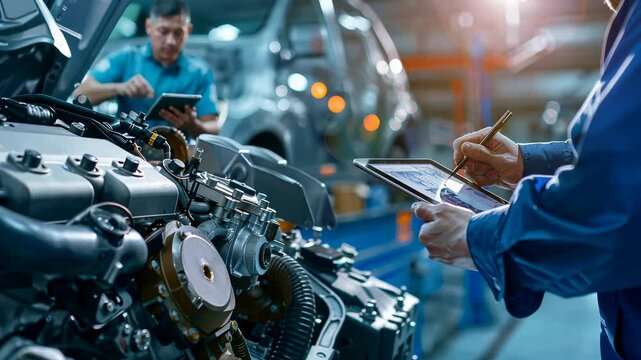 A detailed car engine is being inspected by two technicians in a garage setting. One is using a tablet and stylus to analyze the engine's diagnostics, while the other oversees the maintenance process