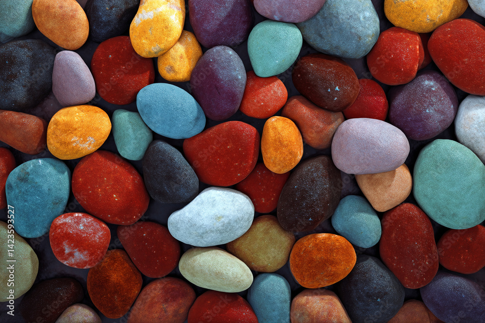 Poster close-up of colorful smooth stones, various shades and textures, creating a natural and calming visu