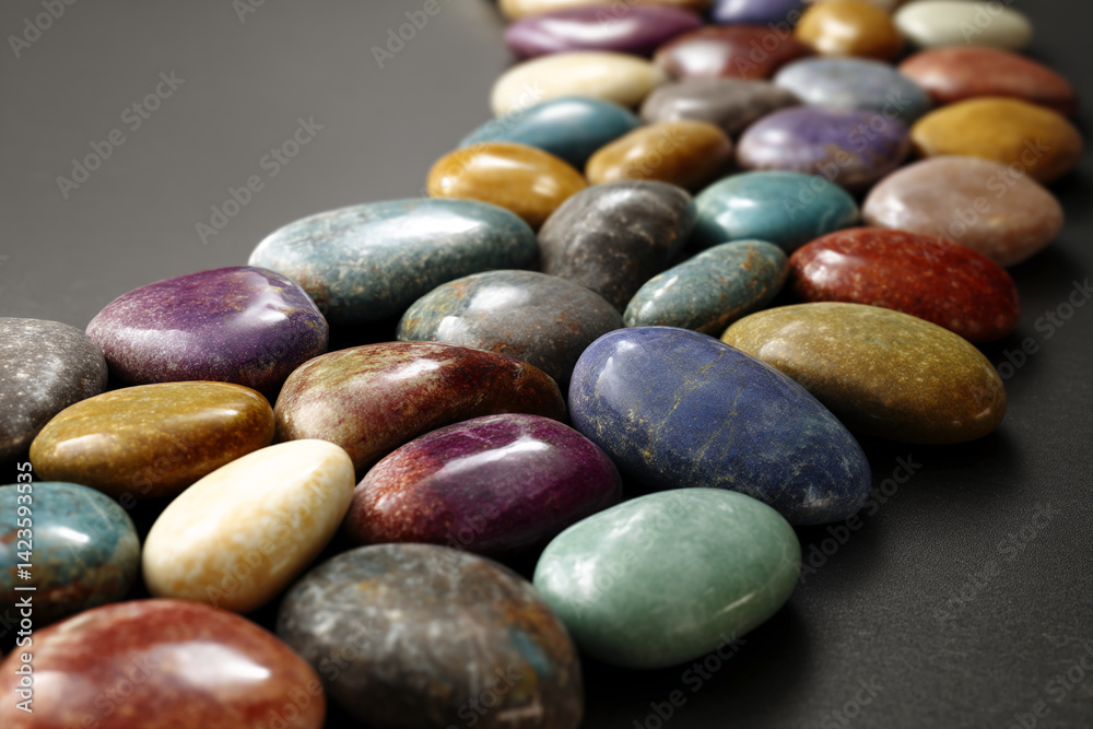 Poster Close-up of multicolored polished stones arranged in a row on dark background, showcasing a smooth and glossy texture symbolizing balance, nature, and serenity