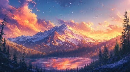 Majestic mountain lake sunset landscape peaceful scenic view tranquil nature scene breathtaking orange