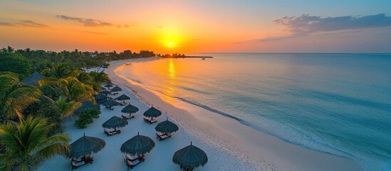 Tropical beach sunset, ocean view, resort