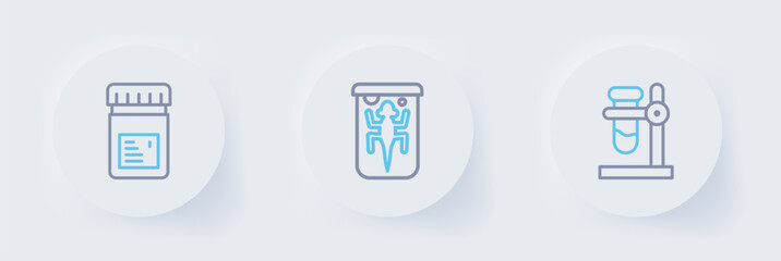 Set line Test tube flask on stand, Experimental animal and Jar with additives icon. Vector