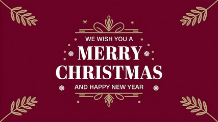 Festive Christmas card design with holiday message and decorative elements against a deep red background..