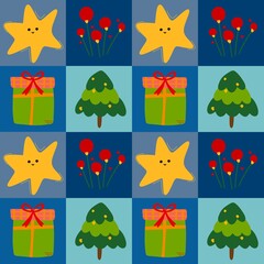 Colorful Christmas Gift Boxes and Stars Seamless Pattern on Blue Background