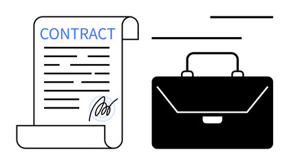 Contract with signature beside a briefcase symbolizing agreement, legal document, or business deal. Ideal for partnership, legal services, negotiation, employment, business, law flat simple metaphor