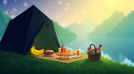 International Picnic Day, Jun 18, Different Foods with Drinks Near Tent Against Lake and Mountains, Generative Ai