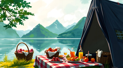International Picnic Day, Jun 18, Different Foods with Drinks Near Tent Against Lake and Mountains, Generative Ai