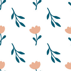 Transparent seamless pattern with pastel floral design, hand-drawn flowers and green leaves, ideal for textile, packaging, stickers, overlays and web design. Png