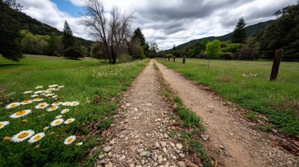 Obraz premium Serene Nature Path with Vibrant Daisies and Lush Greenery Under Dramatic Cloudy Sky in Scenic Landscape