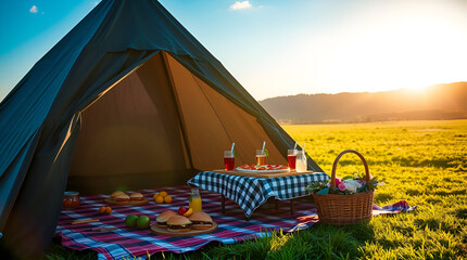 International Picnic Day, Jun 18, Different Foods with Drinks Near Tent Against Lake and Mountains, Generative Ai