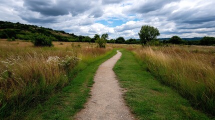 Serene Pathway Through Lush Green Grass Leading to Dramatic Cloudy Sky in Peaceful Natural Landscape