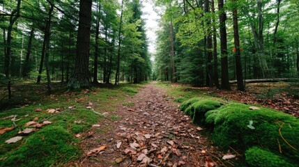 Fototapeta premium Serene Forest Path Surrounded by Lush Green Trees and Soft Moss Carpet Underneath Vibrant Canopy