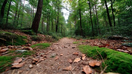 Obraz premium Serene Forest Pathway Surrounded by Lush Greenery and Fallen Leaves in a Tranquil Natural Environment