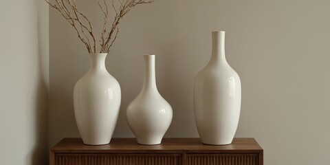 Elegant white vases on wooden cabinet with natural branch decor indoors