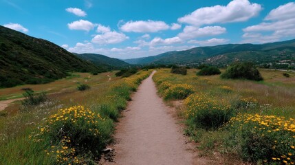 Naklejka premium Serene Nature Trail Amidst Vibrant Wildflowers and Lush Green Mountains Under a Bright Blue Sky