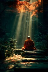 A monk meditates under a Bodhi tree at night, with light streaming down from above. The atmosphere in the forest is quiet and sacred, perfect for communicating religious or spiritual inspiration.