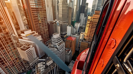 Aerial view from cable car overlooking city skyscrapers and urban landscape