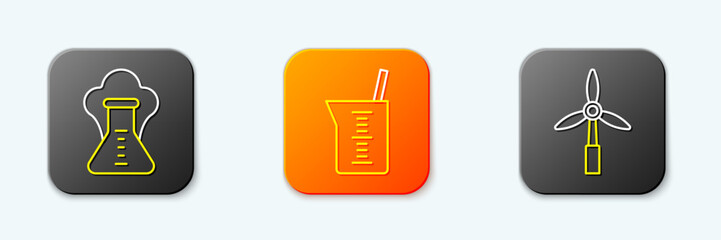 Set line Chemical explosion, Laboratory glassware or beaker and Wind turbine icon. Vector
