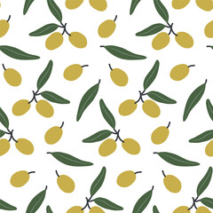 Seamless pattern of hand-drawn olive branches with green leaves and ripe yellow olives - ideal for food packaging, fabric, kitchen decor, organic branding, and Mediterranean product design.