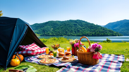 International Picnic Day, Jun 18, Different Foods with Drinks Near Tent Against Lake and Mountains, Generative Ai